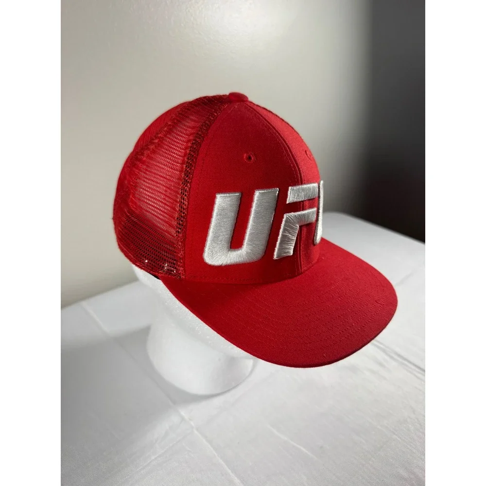 Reebok UFC Trucker Hat Mens Red Silver Embroidered Logo Snapback Flat Brim Cap
